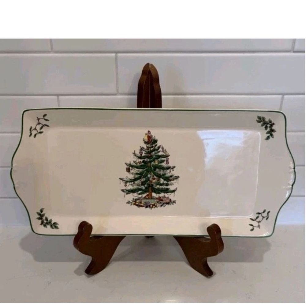 Spode England Christmas Tree Rectangular Platter 13x6.5" Cheese Crackers Dessert